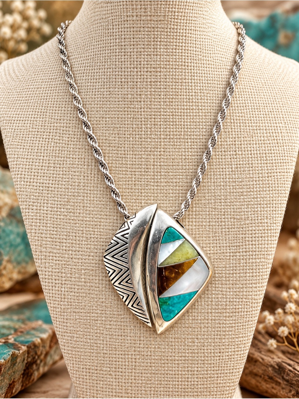 Carolyn Pollack Relios Meeting Pendant Gemstone Inlay Sterling Silver Necklace